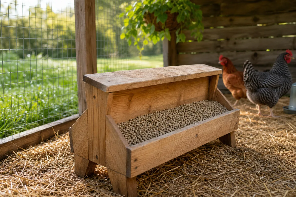 Mangeoire remplie de granulés pour poules pondeuses dans un poulailler en bois