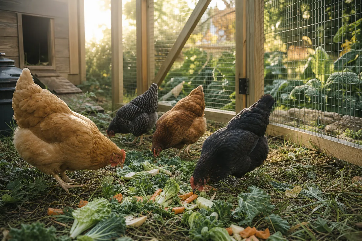Poules picorant des épluchures de légumes et de l'herbe fraîche dans un enclos