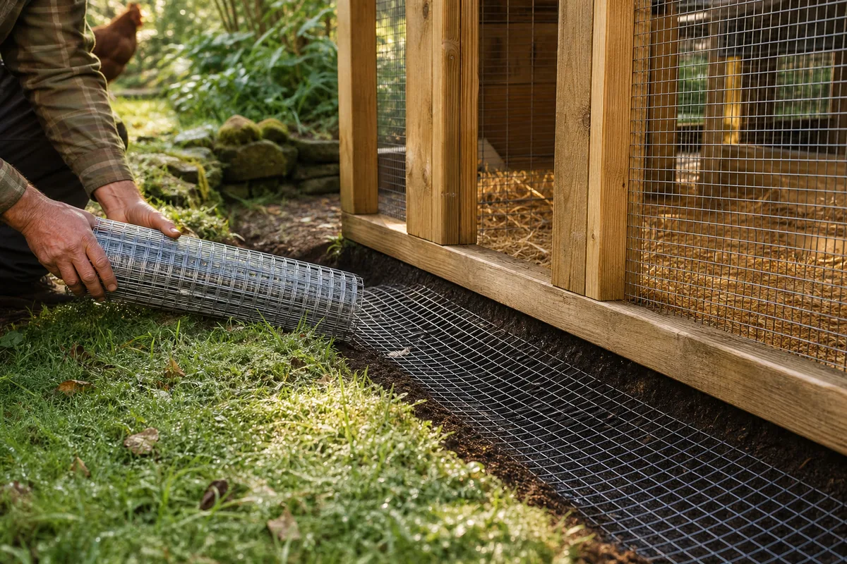 Grillage enterré autour d'un enclos à poules pour empêcher un prédateur de creuser