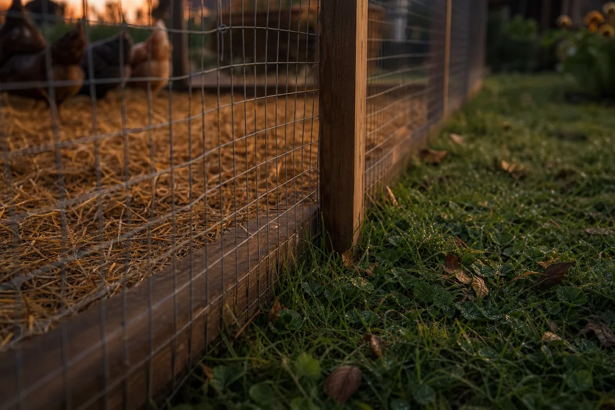 Grillage à mailles fines enterré au pied d'une clôture de poulailler dans un jardin