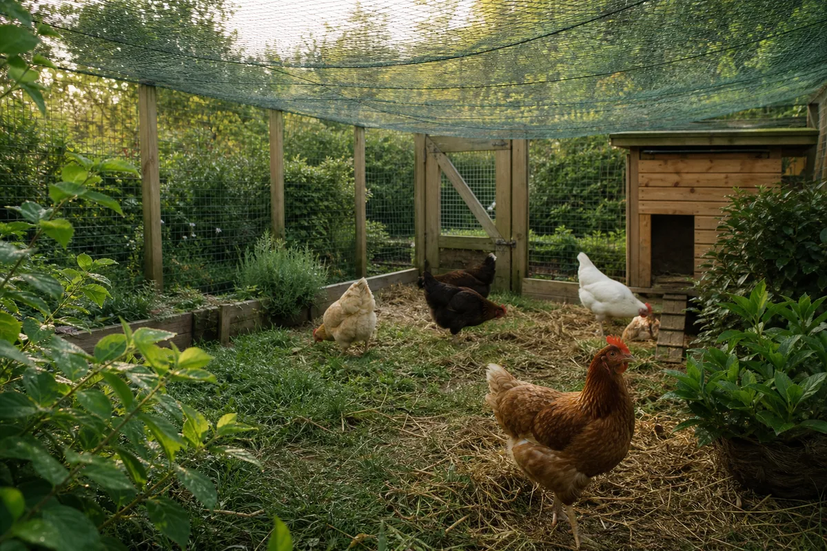 Enclos de poules avec filet tendu au-dessus du parcours extérieur