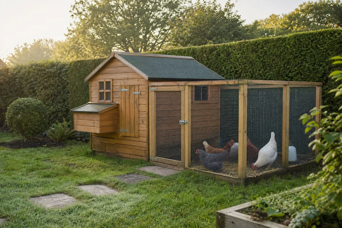 Poulailler en bois installé au fond d'un jardin, à côté d'une haie qui marque la limite avec le voisin