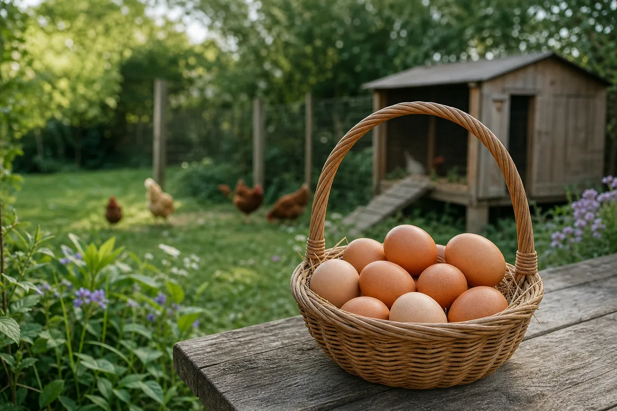 Panier en osier rempli d'œufs bruns posé sur une table en bois dans un jardin