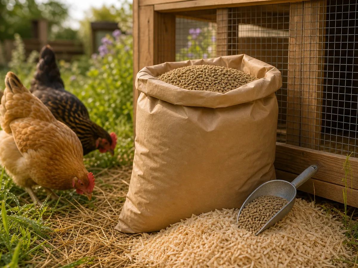 Sac de granulés pour poules pondeuses à côté d'une litière de copeaux