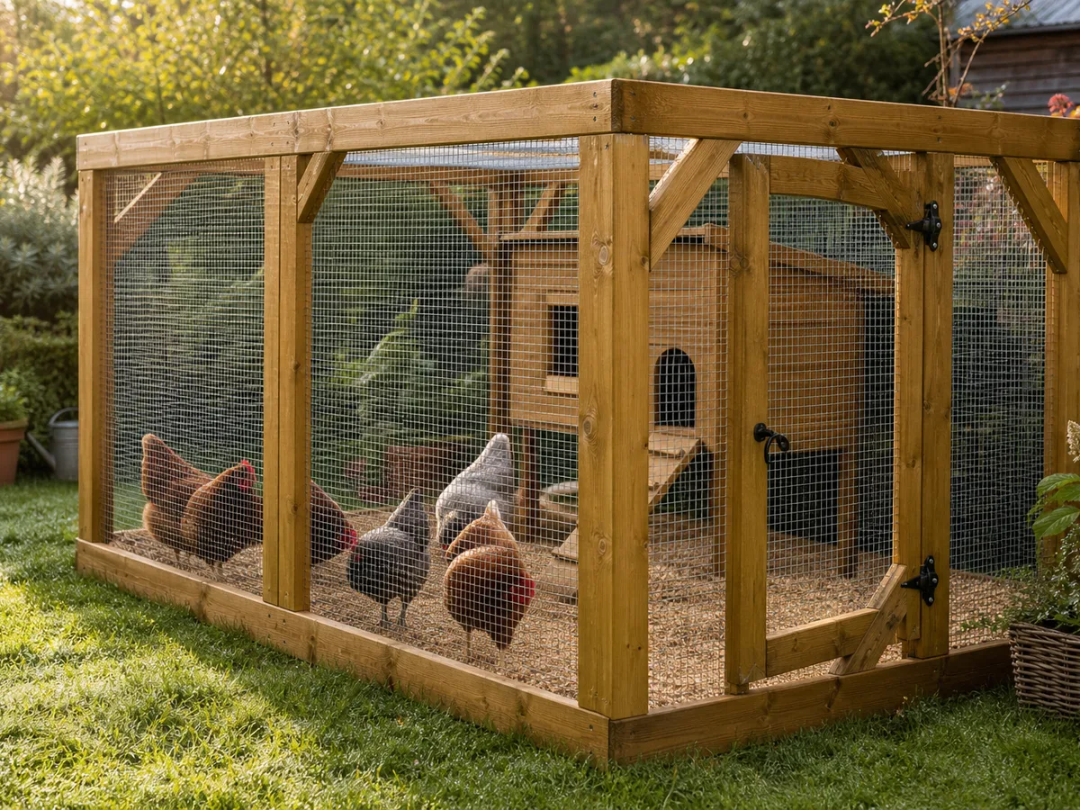 Enclos grillagé avec poules à l'intérieur dans un jardin