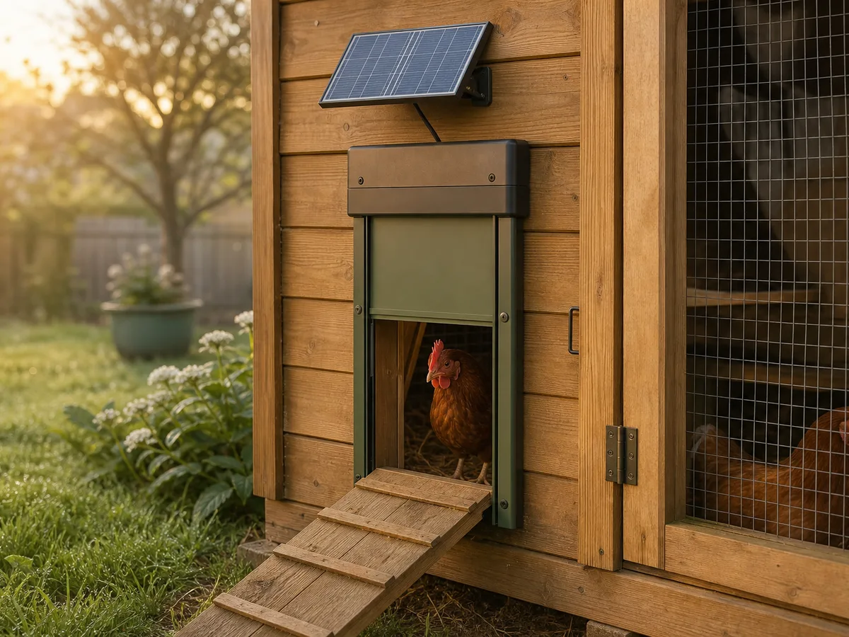 Porte de poulailler automatique avec panneau solaire montée sur un abri en bois