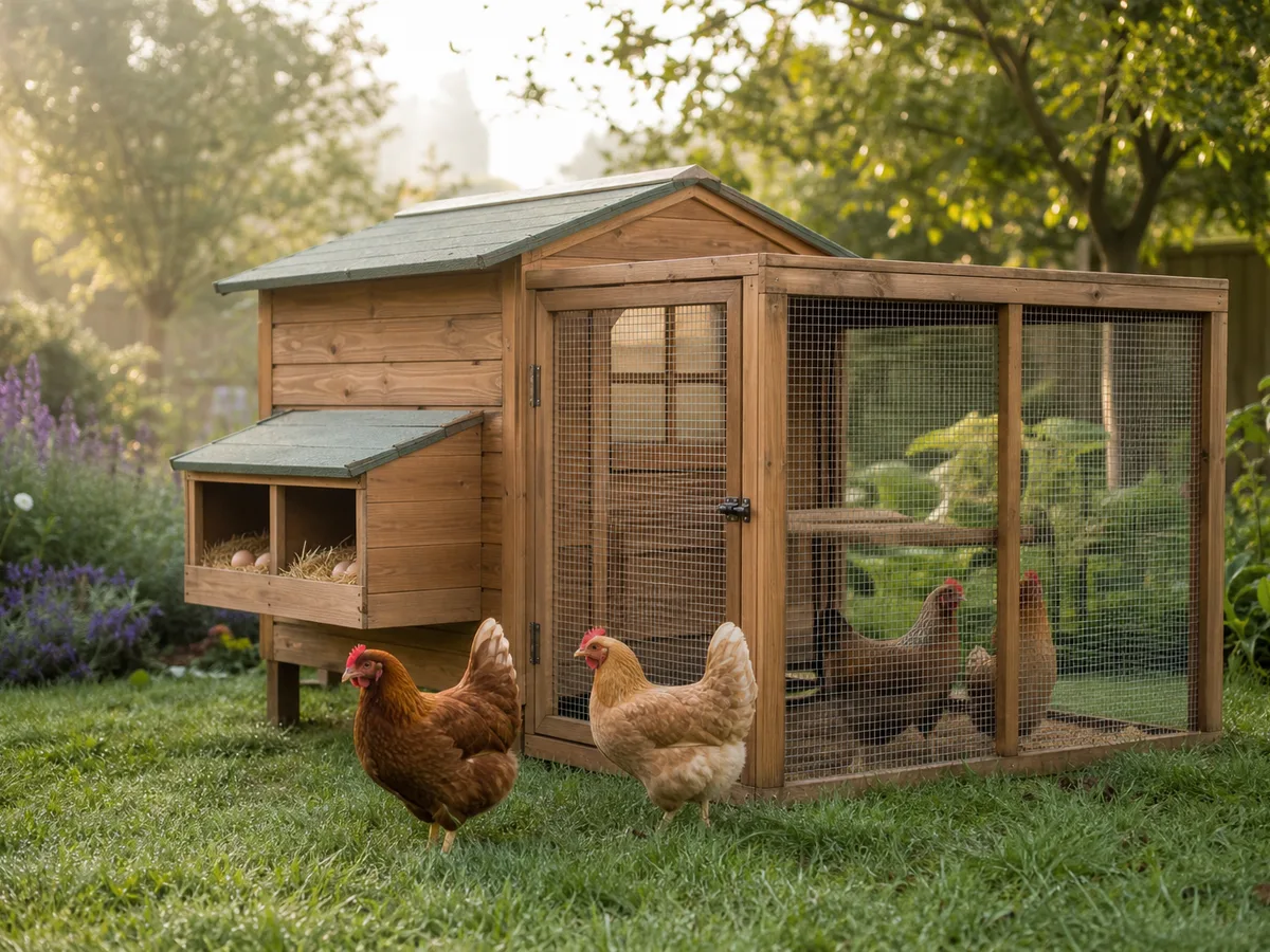 Poulailler en bois avec nichoir et petit enclos grillagé dans un jardin
