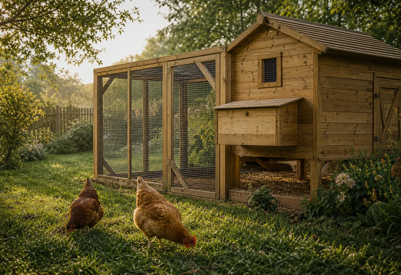 Poulailler en bois installé dans un jardin, entouré d'un enclos grillagé avec des poules