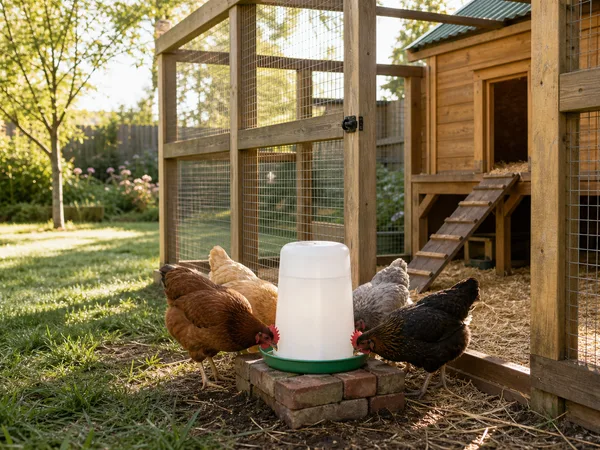 Abreuvoir automatique installé dans un poulailler avec des poules qui s'abreuvent
