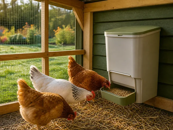 Distributeur automatique installé dans un poulailler avec des poules qui s'alimentent