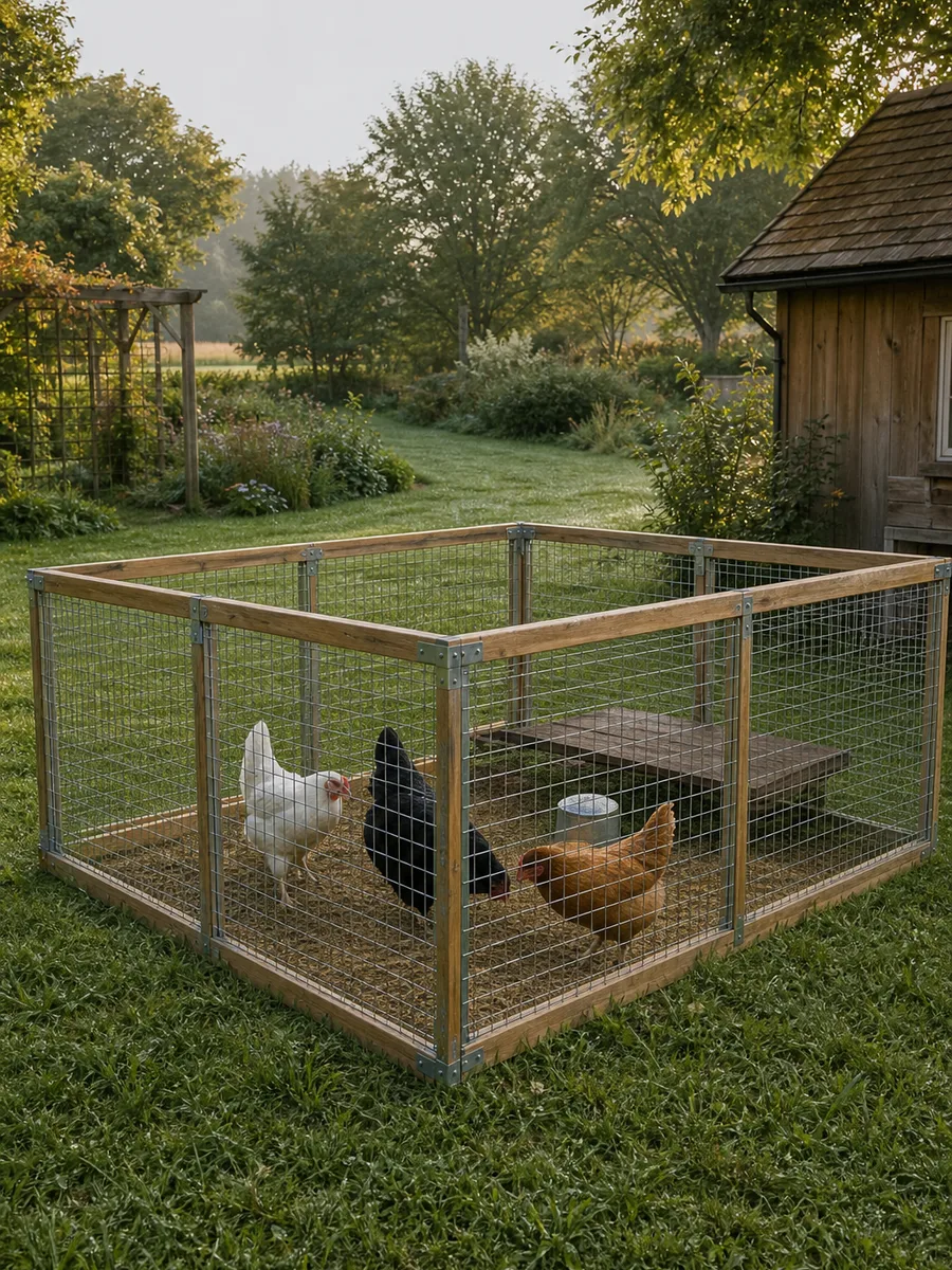 Enclos mobile modulable en panneaux grillagés installé dans un jardin avec des poules