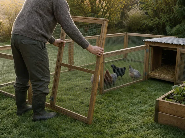 Déplacement des panneaux de l'enclos mobile pour reconfigurer le parcours des poules