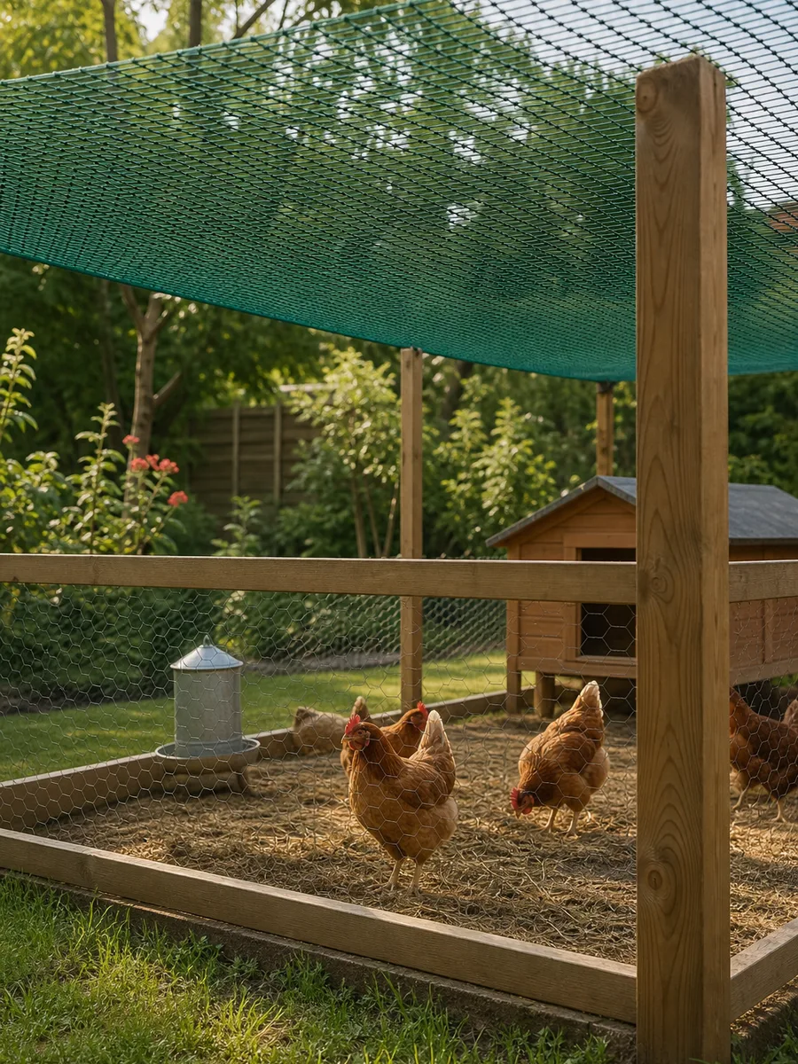 Filet de protection aérienne tendu au-dessus d'un parcours de poules clôturé