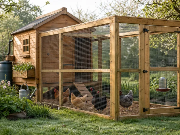 Grillage à petites mailles posé en clôture autour d'un enclos à poules