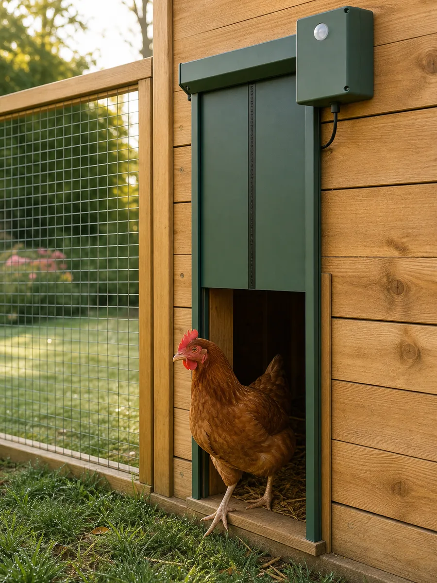 Porte automatique de poulailler avec boîtier de commande fixé sur la paroi en bois