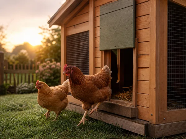 Poulailler en usage le matin avec la trappe automatique ouverte et des poules qui sortent