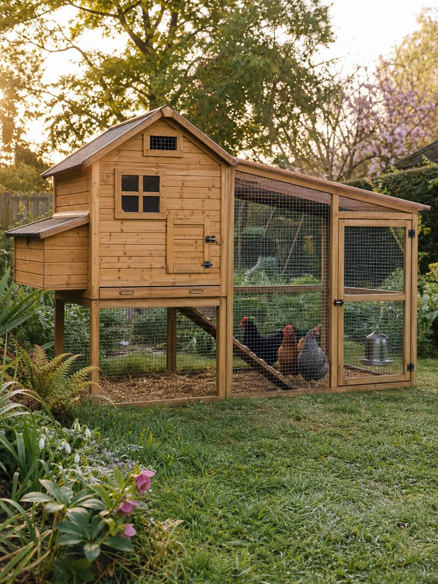 Poulailler en bois avec enclos grillagé intégré dans un jardin