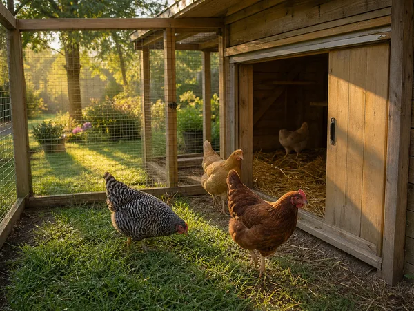 Poules dans l'enclos grillagé du poulailler en bois