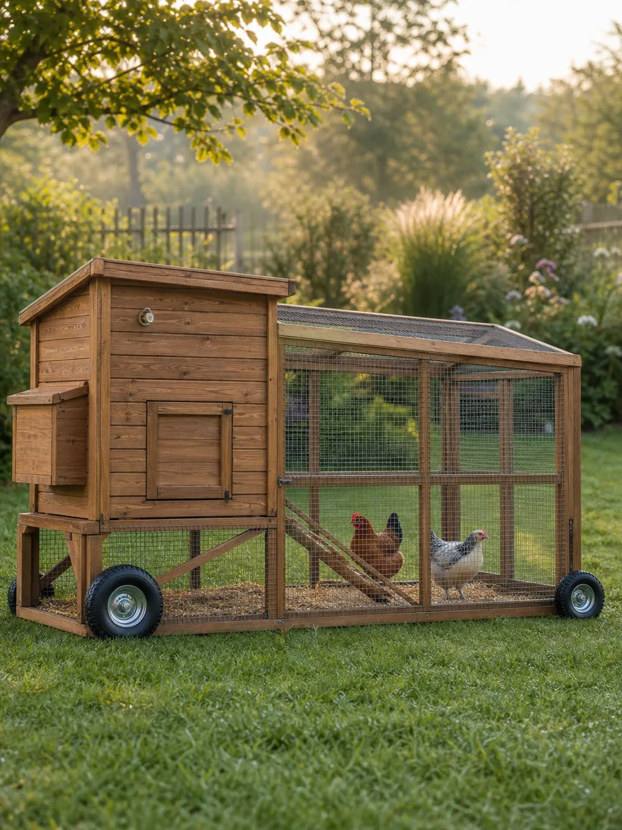 Poulailler mobile en bois sur roues posé sur une pelouse