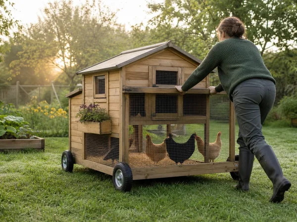 Déplacement du poulailler mobile à la main vers un nouvel emplacement du jardin