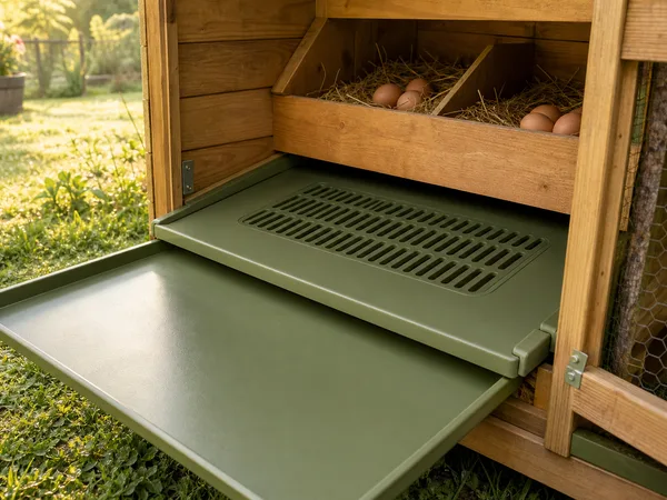 Détail du plancher amovible et des pondoirs du poulailler en plastique