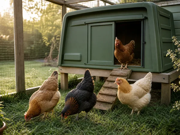 Poulailler en plastique en usage dans un jardin avec quatre poules