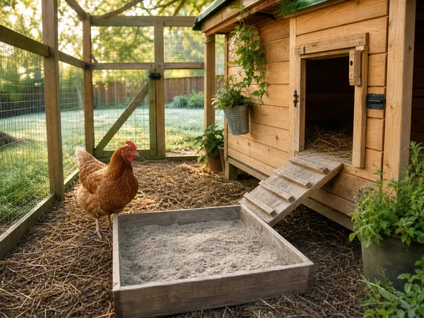 Bac de bain de poussière à la terre de diatomée près d'un poulailler de jardin